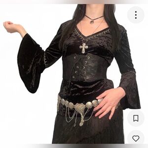 SOLD ! black velvet princess v neck top with blue and gold embroidery